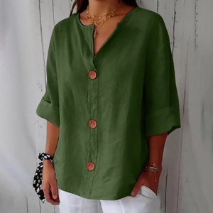 Women's dark green V-neck cotton linen t-shirt with brown buttons and rolled short sleeves