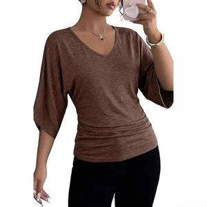 Women's V-neck coffee brown short sleeve top with ruched side details and batwing sleeves