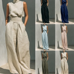 Women's Sleeveless High Neck Top And Wide Leg Pants Set Solid Color Elegant Casual Polyester Summer Top And Bottom Outfit