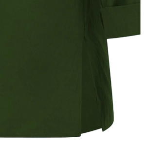 Detail of the side split hem and sleeve fold on this dark green cotton linen V-neck top