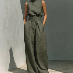 Women's minimalist olive green cotton linen sleeveless top and wide leg pants set