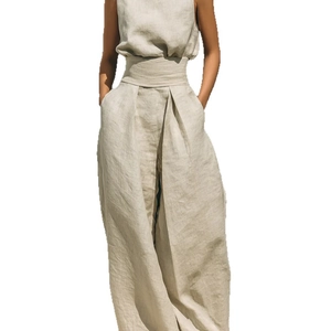 Women's summer cotton linen two-piece set with sleeveless top and wide-leg pants