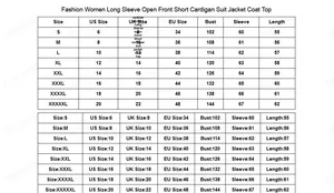 Detaillierte Größentabelle für Damen Langarm-Fashion-Anzugjacke und Strickjacke im Überblick
