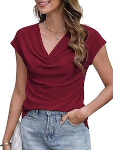 Detail of wine red cowl neck top featuring ribbed knit fabric and short cap sleeves