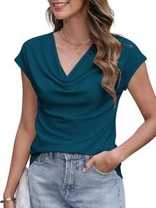 Detail of teal cowl neck short sleeve top with ribbed knit texture and drape design