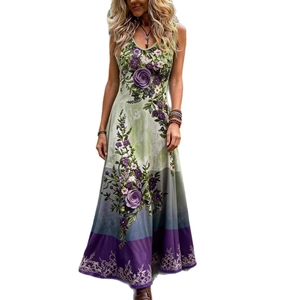 Robe longue élégante sans manches avec col en V et imprimé floral dégradé vert