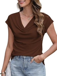 Close-up of brown cowl neck top featuring subtle vertical ribbed texture and slim fit
