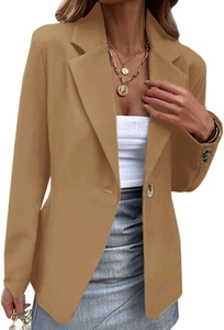 Detail showing the single-button closure and notch lapel of the camel women's blazer