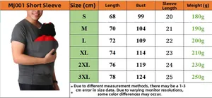 Size chart for multifunctional short sleeve T-shirt with baby pocket measurements