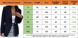 Detailed size chart for women's casual single-button blazer showing S to 3XL measurements
