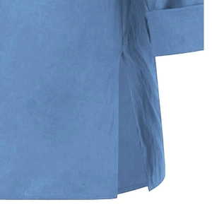 Detail of blue cotton linen top featuring deep side slits and folded hemmed cuffs