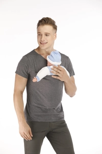 Detail of multi-functional dark grey baby carrier shirt with a secure bonding pouch for fathers