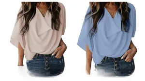 Detail view of V-neck chiffon blouse with batwing sleeves in apricot and light blue colors