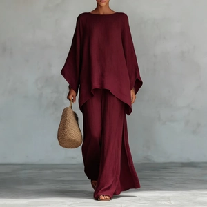 Γυναικείο σετ 2 τεμαχίων με oversized πουκάμισο και φαρδύ παντελόνι σε μπορντό χρώμα