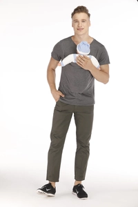 Detailed view of the dark grey V-neck kangaroo shirt with infant carrier pocket for men