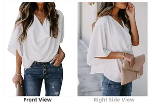 Front and side view of white V-neck chiffon blouse with elegant draped short sleeves