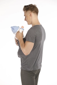 Side view of men's dark grey kangaroo dad carrier t-shirt with a functional baby pouch
