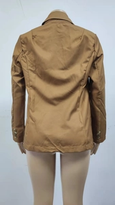Rear view of tan tailored blazer with smooth shoulder lines and sleeve buttons detail
