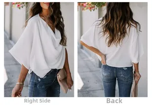 Detail view of white chiffon blouse back and side drape design with blue denim jeans