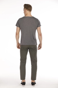 Back view of a men's casual grey t-shirt and olive green trousers for outdoor parent-child wear
