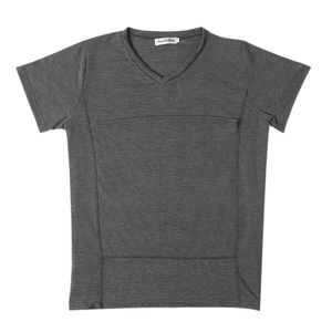 Close-up of dark grey V-neck T-shirt showing fabric texture and stitched neckline label