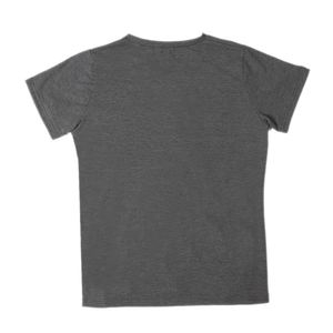 Detailed back view of dark charcoal grey crew neck t-shirt with soft fabric texture