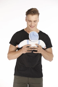 Men's V-neck baby carrier T-shirt in black showing functional pouch for parenting