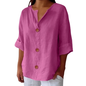 Detail of rose purple linen cotton top showing V-neck and button placket design