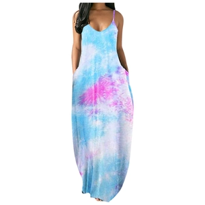 Damen Sommer Tie-Dye Maxikleid mit V-Ausschnitt, Spaghettiträgern und Seitentaschen