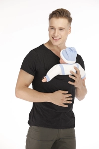 Detail of the elastic baby carrier pocket on this black V-neck men's shirt