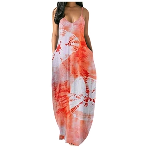 Lockeres Maxikleid mit V-Ausschnitt, orangefarbenem Batikmuster und Spaghettiträgern
