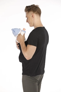Detail view of multifunctional kangaroo dad t-shirt with built-in baby carrier pocket