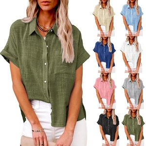 Women Casual Cotton Linen Blend Shirt Short Sleeve Button Down Loose Lapel Blouse With Pocket Summer Solid Color Top