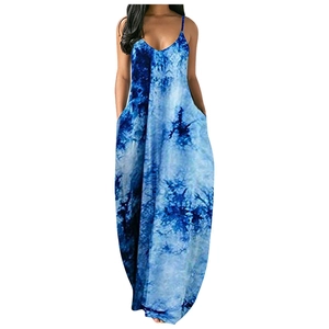 Loses Maxikleid mit V-Ausschnitt und Batikmuster für Damen in Blau-Weiß mit Seitentaschen