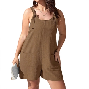 Women's casual brown spaghetti strap romper with side pockets and textured fabric