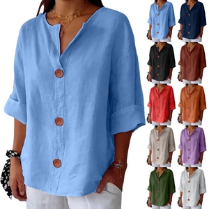 Women's Casual Cotton Linen V-Neck Top Loose Mid-Sleeve Solid Color Button Down T-Shirt Blouse Plus Size Summer Fashion