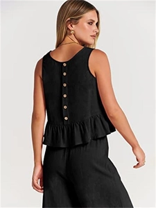 Πίσω όψη μαύρου αμάνικου peplum top με κουμπιά και σετ με φαρδύ παντελόνι γραμμή