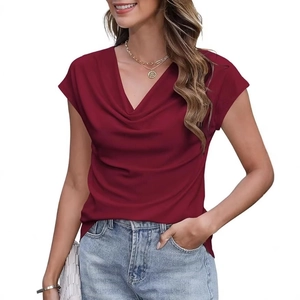 Elegant wine red cowl neck short sleeve top with ribbed texture fabric for women