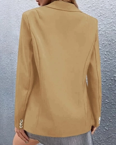 Detail view of khaki casual blazer with classic lapel and triple button cuffs for women