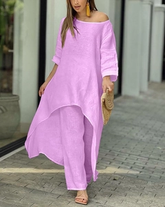 Détail d'un ensemble deux pièces ample en coton et lin violet clair avec ourlet