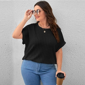 Women's black plus size short sleeve top with vertical rib texture and loose batwing sleeves