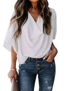 Women's white chiffon V-neck blouse with loose batwing sleeves and casual fit