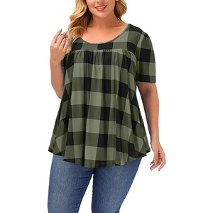 Women's plus size black and green plaid tunic top with round neck and pleated empire waist