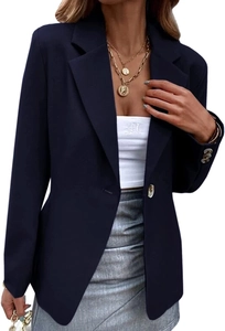 Detail showing the single-button closure and notch lapels of the dark blue blazer