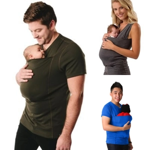Multi-Functional Kangaroo Pocket Baby Carrier T-Shirt Cotton Blend Skin-To-Skin Bonding Top For Mother Father Parents Casual Wear