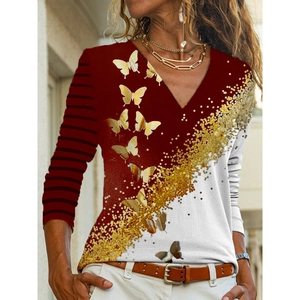 Top da donna con scollo a V, stampa a farfalla e design patchwork a righe asimmetriche