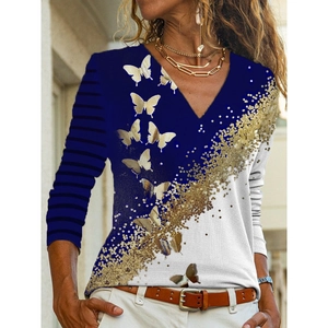 T-shirt da donna a maniche lunghe con scollo a V, stampa a farfalla e design color-block oro