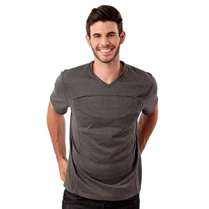 Men's dark grey V-neck short sleeve T-shirt with decorative stitching details