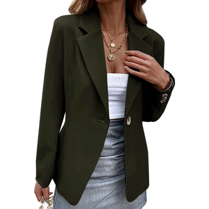 Women's olive green business casual notched lapel blazer with a single button closure