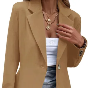 Women's casual solid color blazer with notched lapel and single button closure in camel